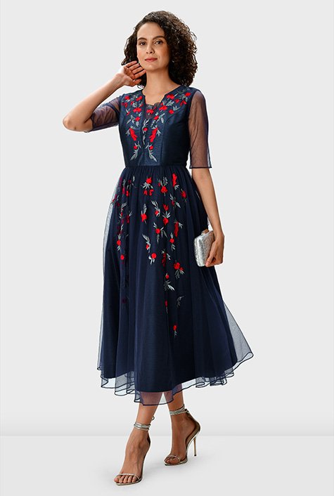 Floral embroidery tulle and dupioni dress