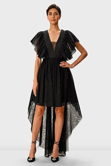 Shop Ruffle sheer tulle high-low dress | eShakti