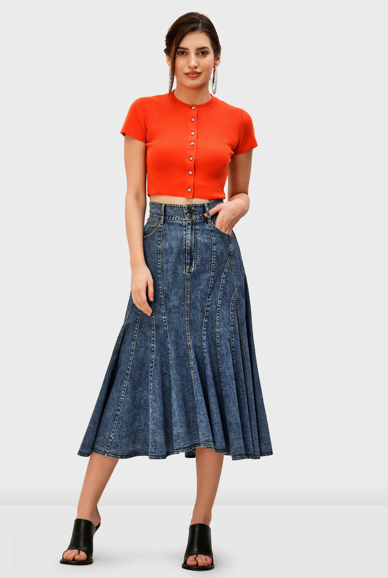 Shop Pieced cotton denim midi skirt eShakti