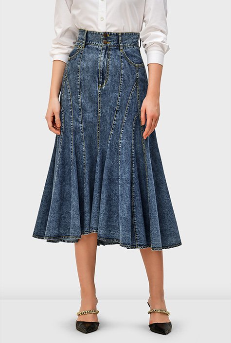 Shop Pieced cotton denim midi skirt | eShakti