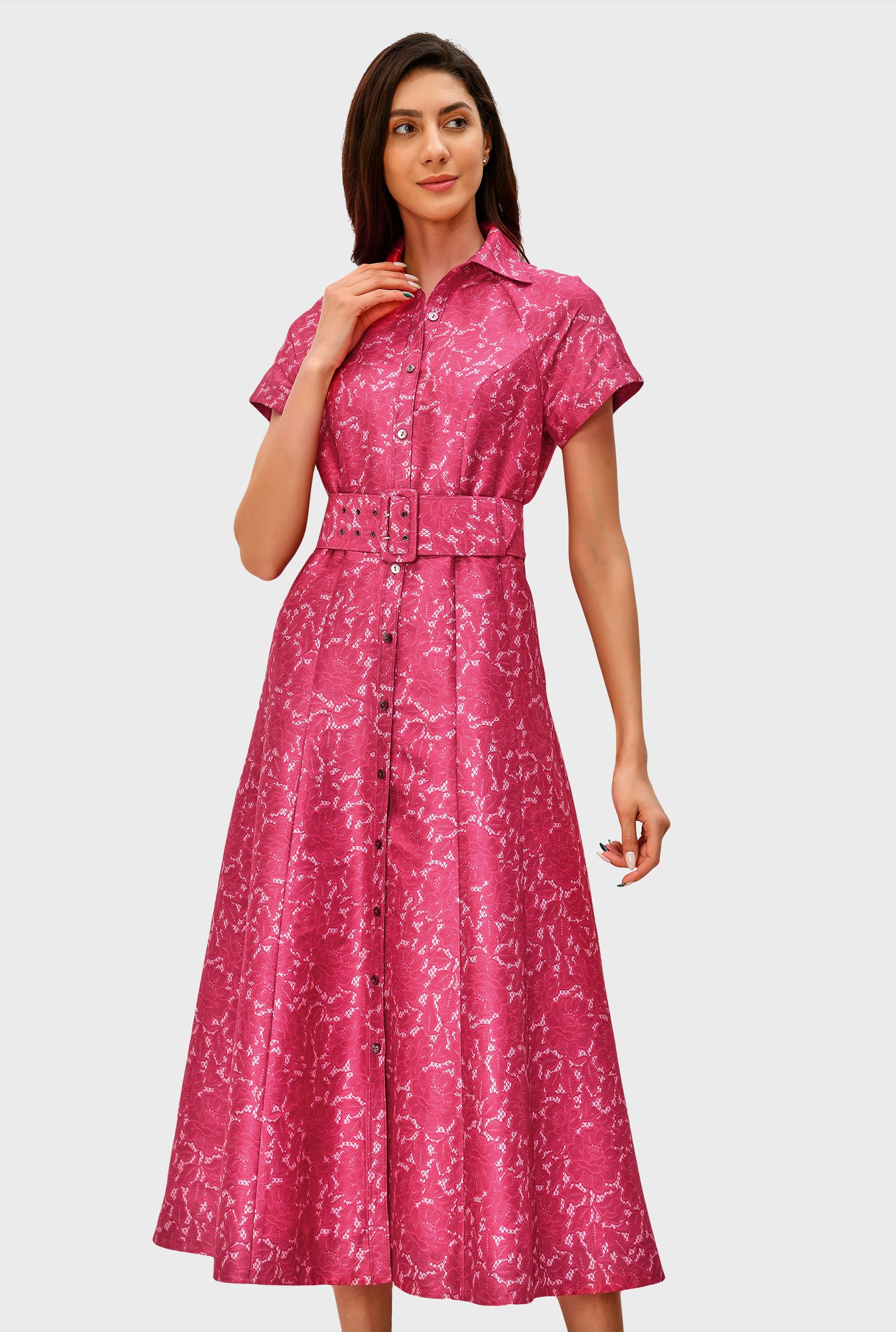 Shop Floral lace print dupioni wide belt shirtdress | eShakti