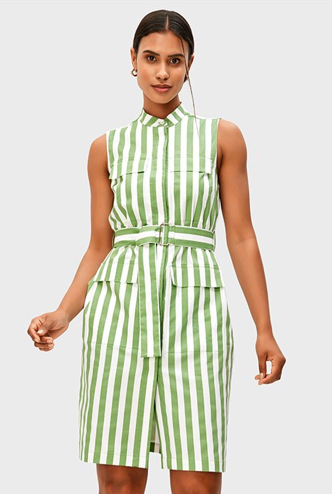 Stripe print cotton twill shift shirtdress