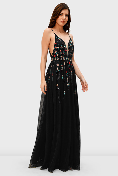 Shop Plunge floral vine embellished tulle maxi dress | eShakti