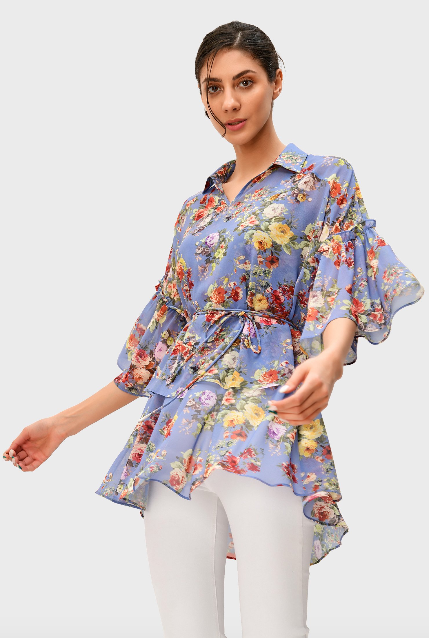 Shop Tie waist floral print georgette layered top | eShakti