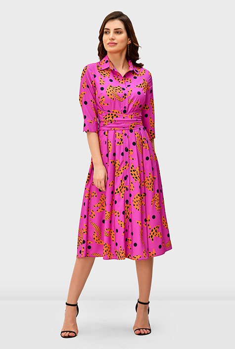 Shop Asymmetric waist floral dot print crepe shirtdress | eShakti