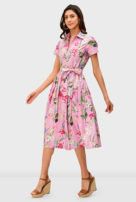 パーティードレス Floral-print Flared Cotton Dress Shop Zip front floral print cotton poplin dress | eShakti