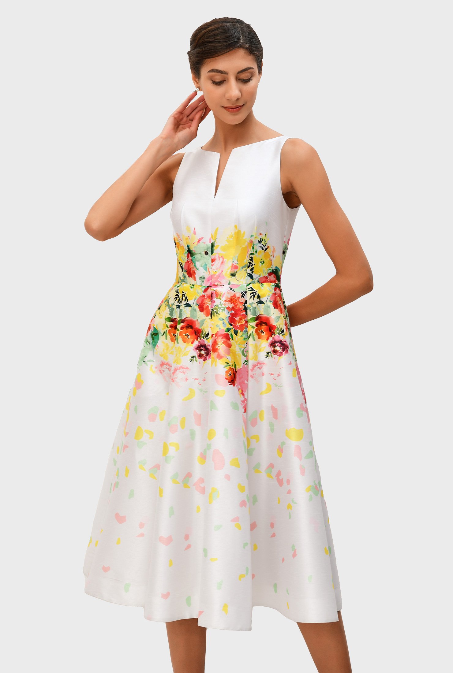 Floral print dupioni fit-and-flare dress