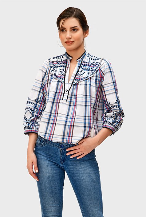 Shop Floral embroidery lace trim cotton check top | eShakti