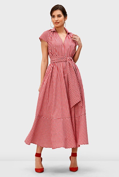 Elastic waist gingham check cotton sash-tie dress