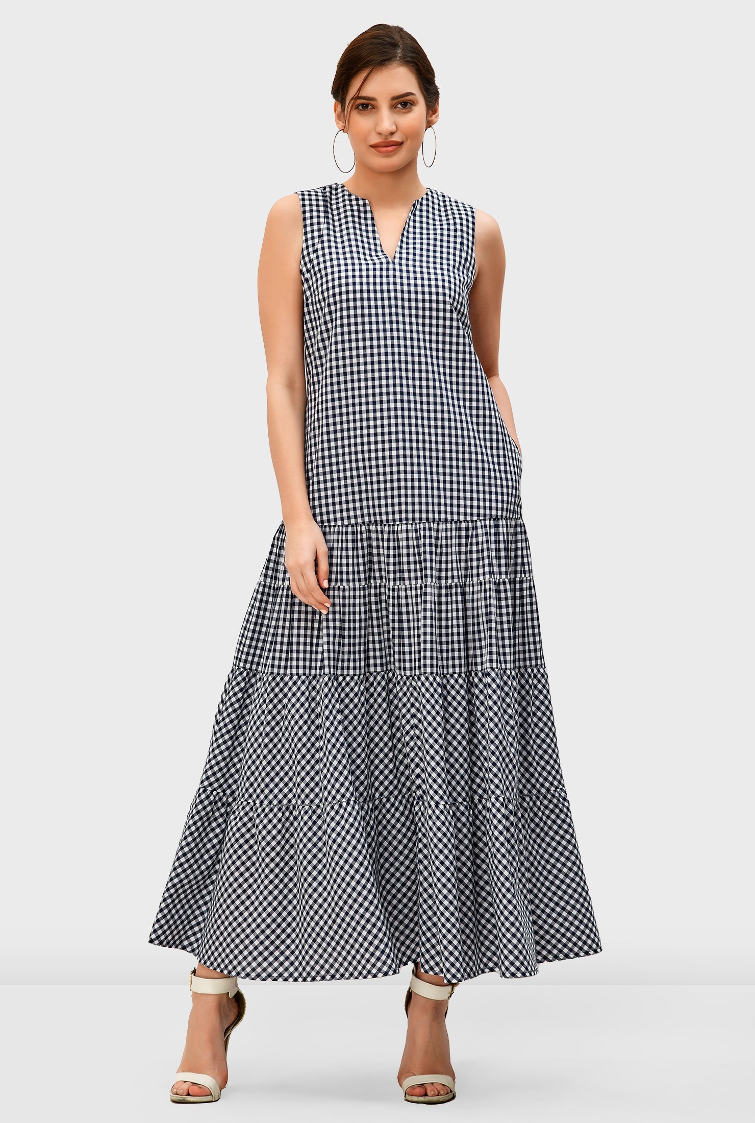 Shop Gingham Check Cotton Tiered Maxi Dress Eshakti