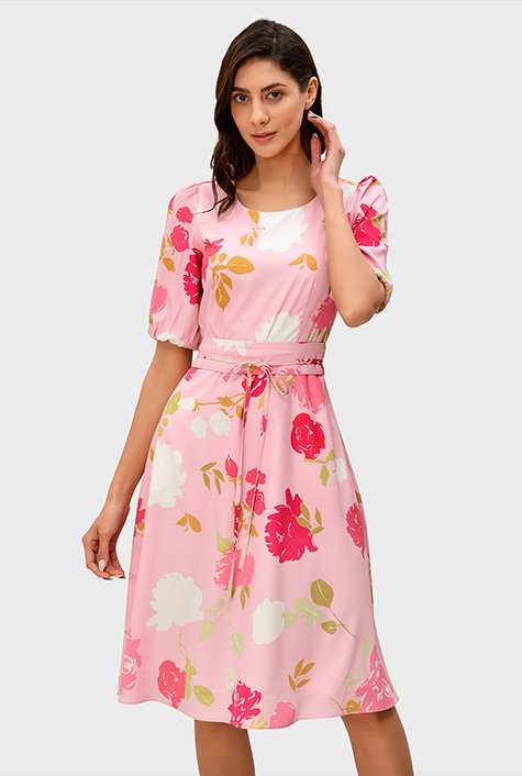 Floral print crepe obi belt A-line dress