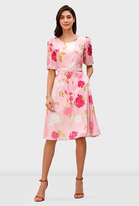 Shop Floral print crepe obi belt A-line dress | eShakti