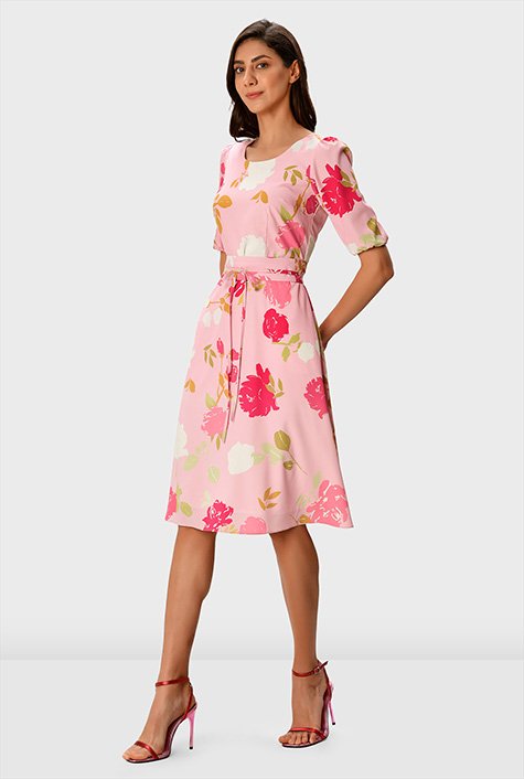 Shop Floral print crepe obi belt A-line dress | eShakti