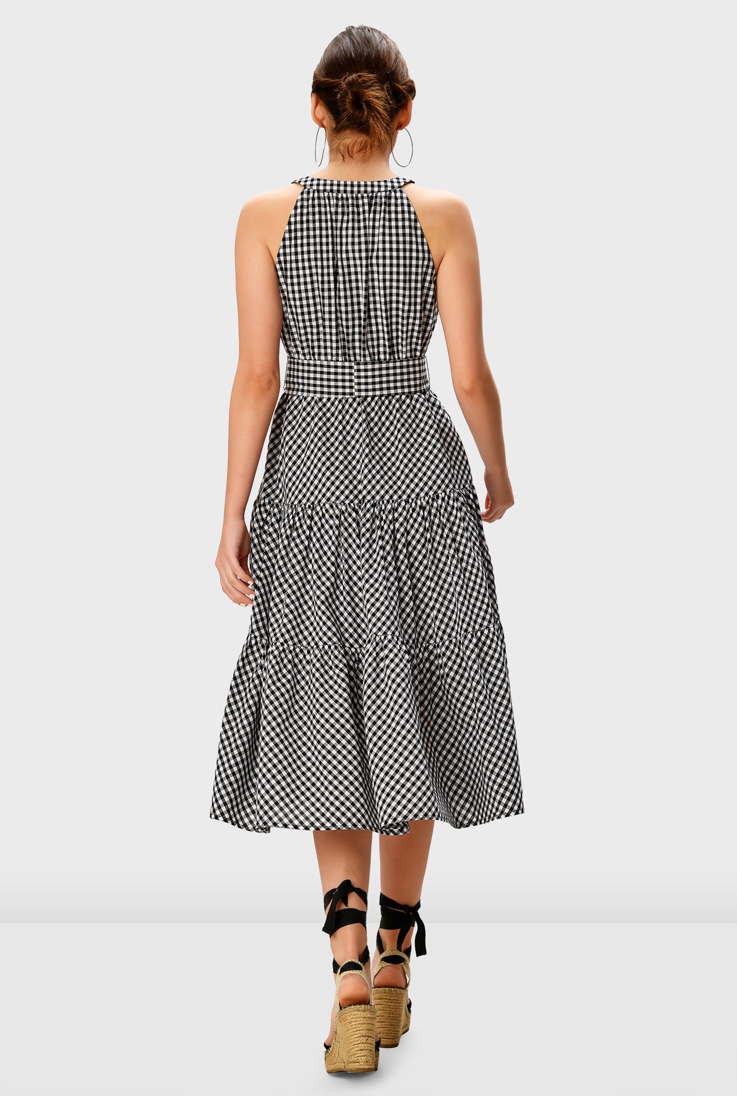 Shop Gingham Check Cotton Ruched Tier Dress Eshakti