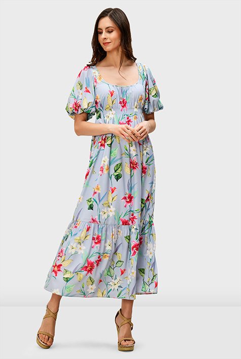 Shop Floral print crepe smocked empire dress | eShakti