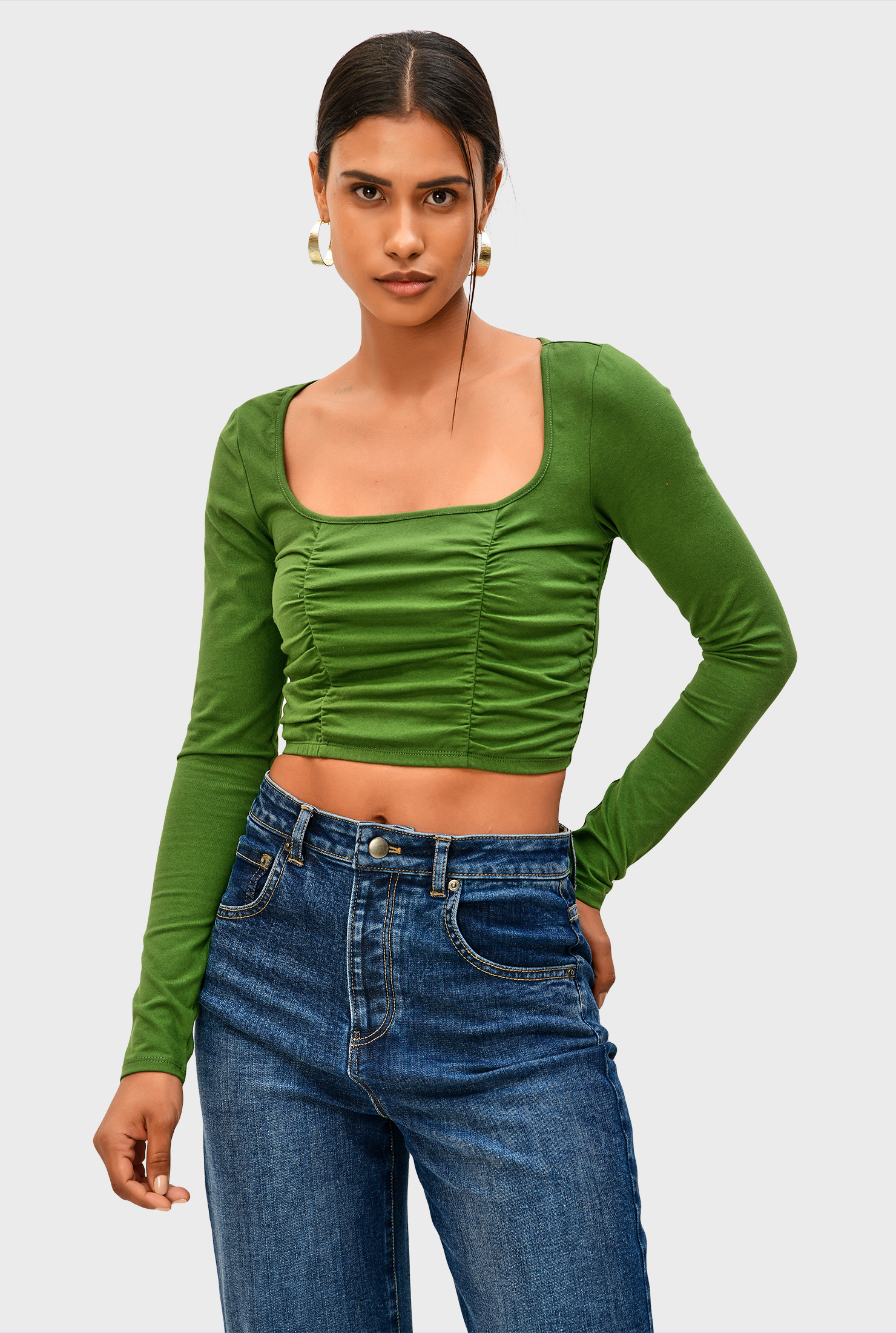 Shop Ruched cotton jersey crop top eShakti