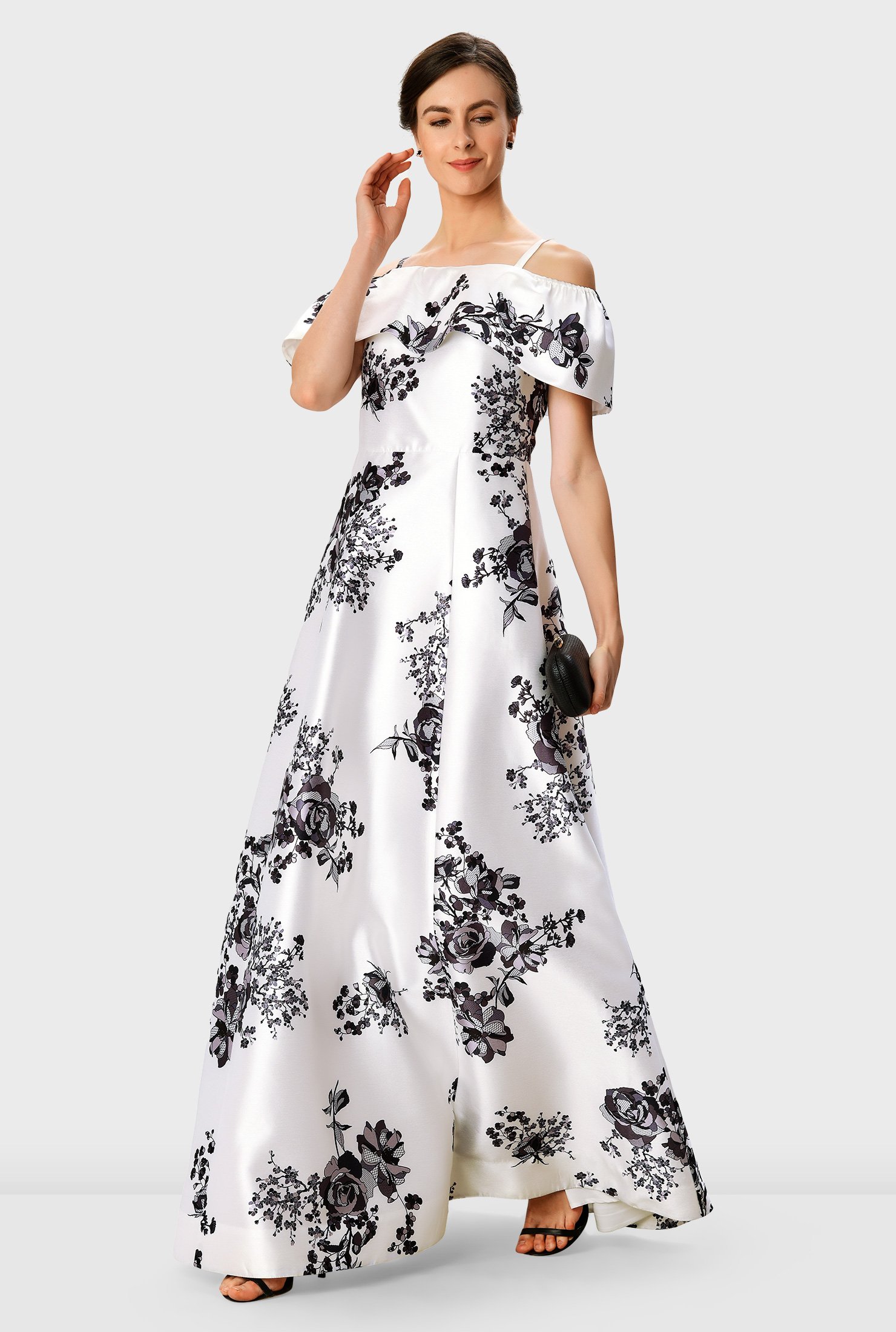 Shop Off The Shoulder Floral Lace Print Dupioni Maxi Dress Eshakti 8132
