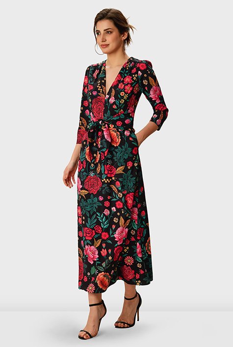 Shop Tie waist floral print crepe dress | eShakti