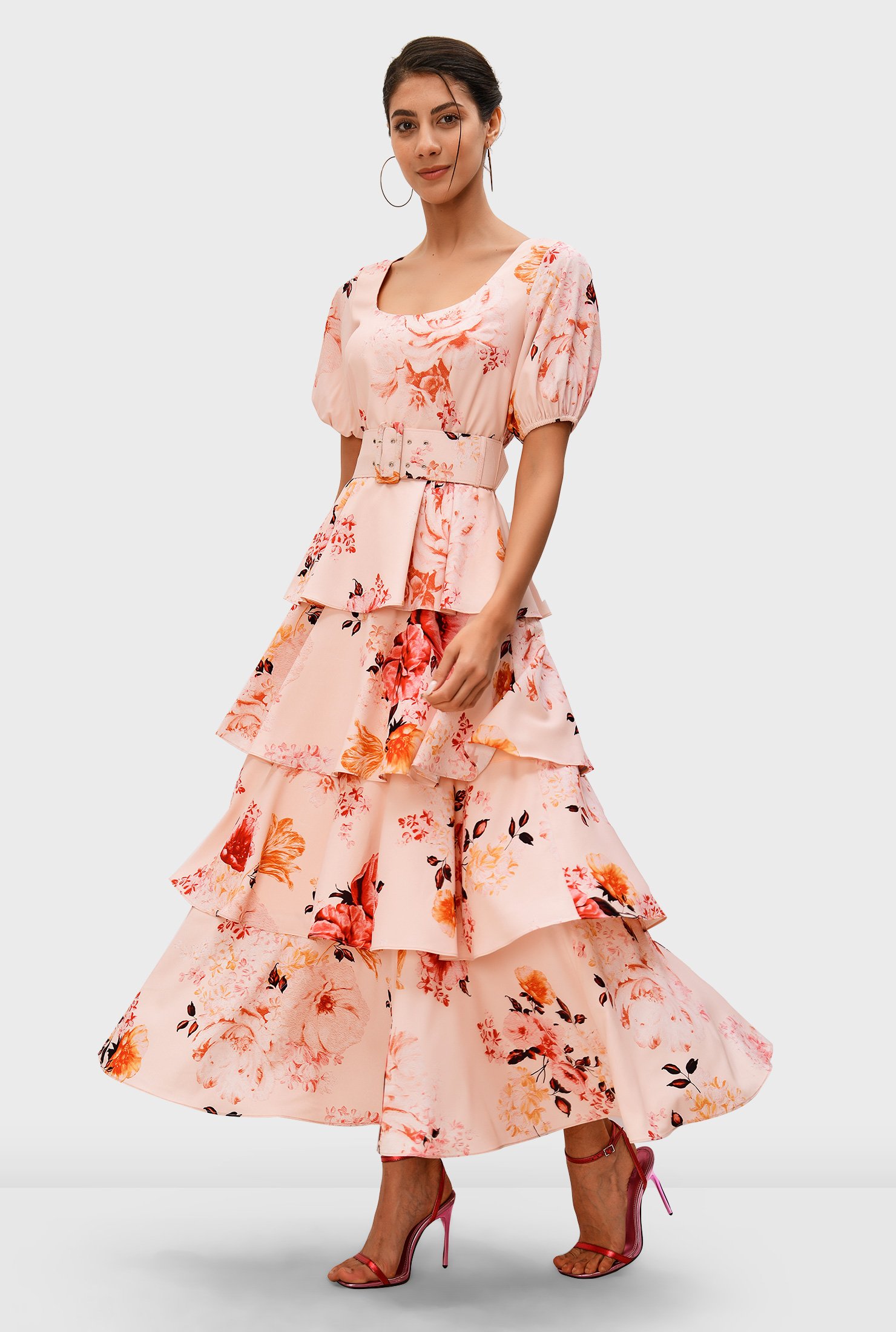 Shop Floral print crepe ruffle tier dress | eShakti