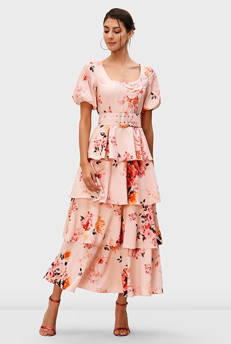 Floral print crepe ruffle tier dress