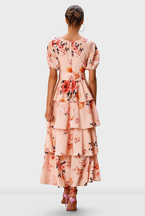 Shop Floral print crepe ruffle tier dress | eShakti