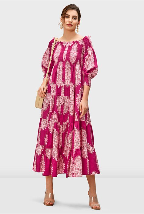 Shop Paisley lace print cotton poplin smocked shirtdress | eShakti