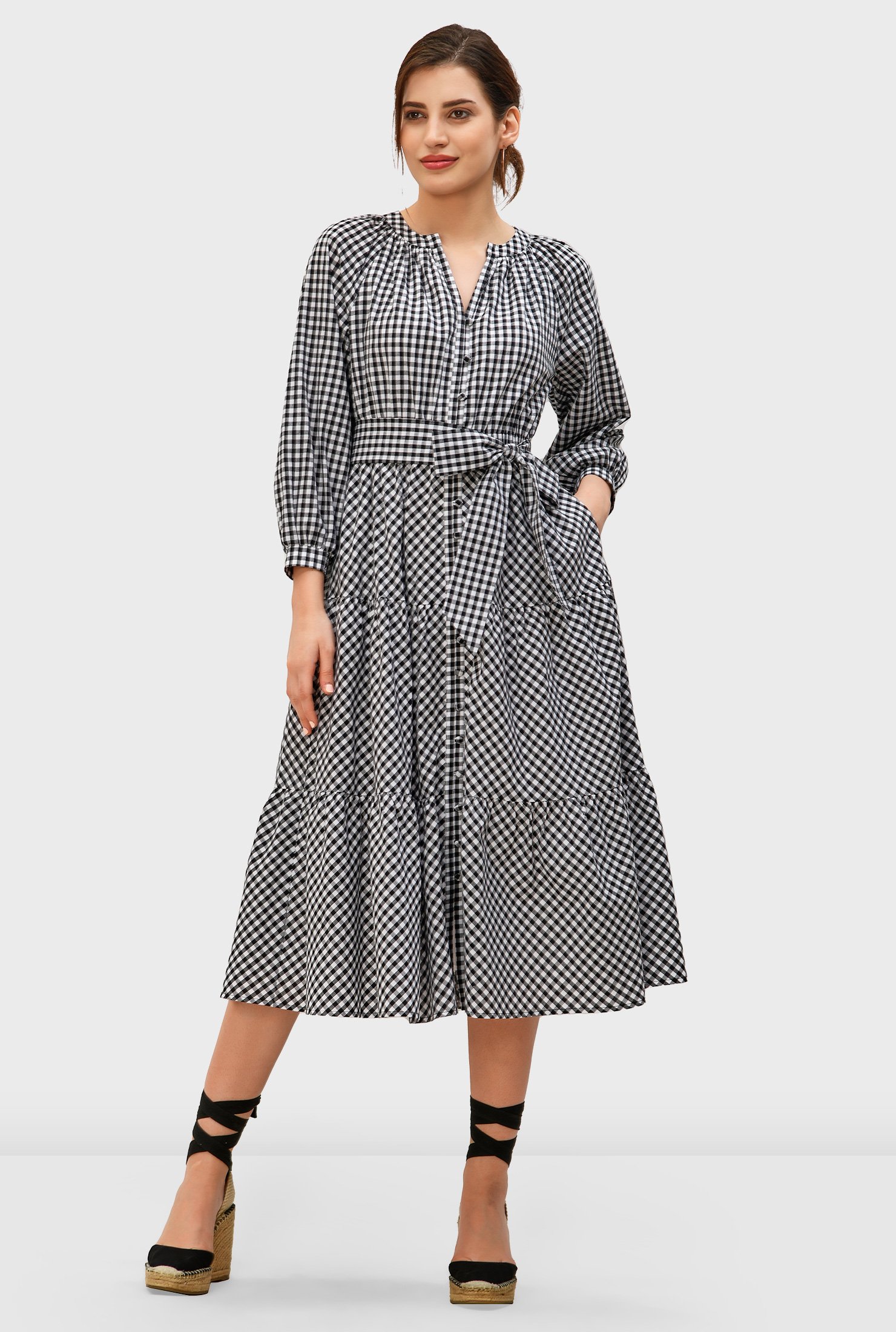 Shop Gingham check cotton ruched tier dress | eShakti