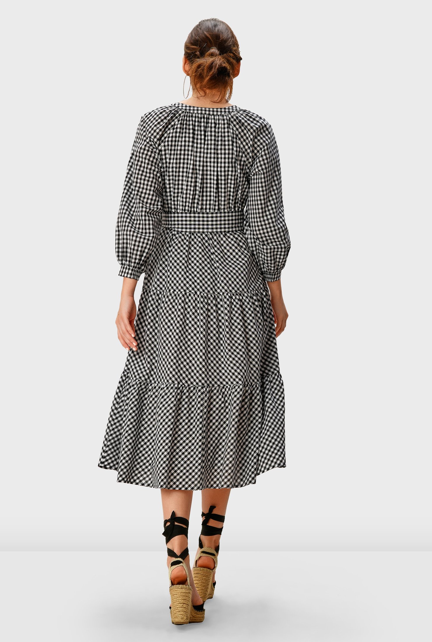 Shop Gingham Check Cotton Ruched Tier Dress Eshakti