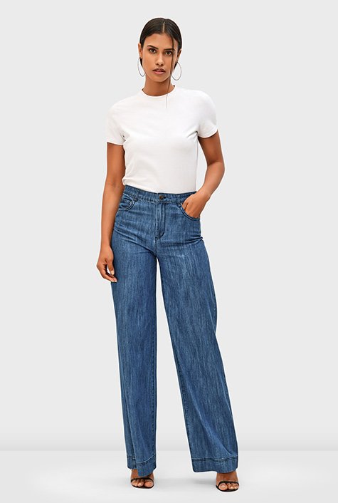 Shop High waist wide leg cotton denim jeans