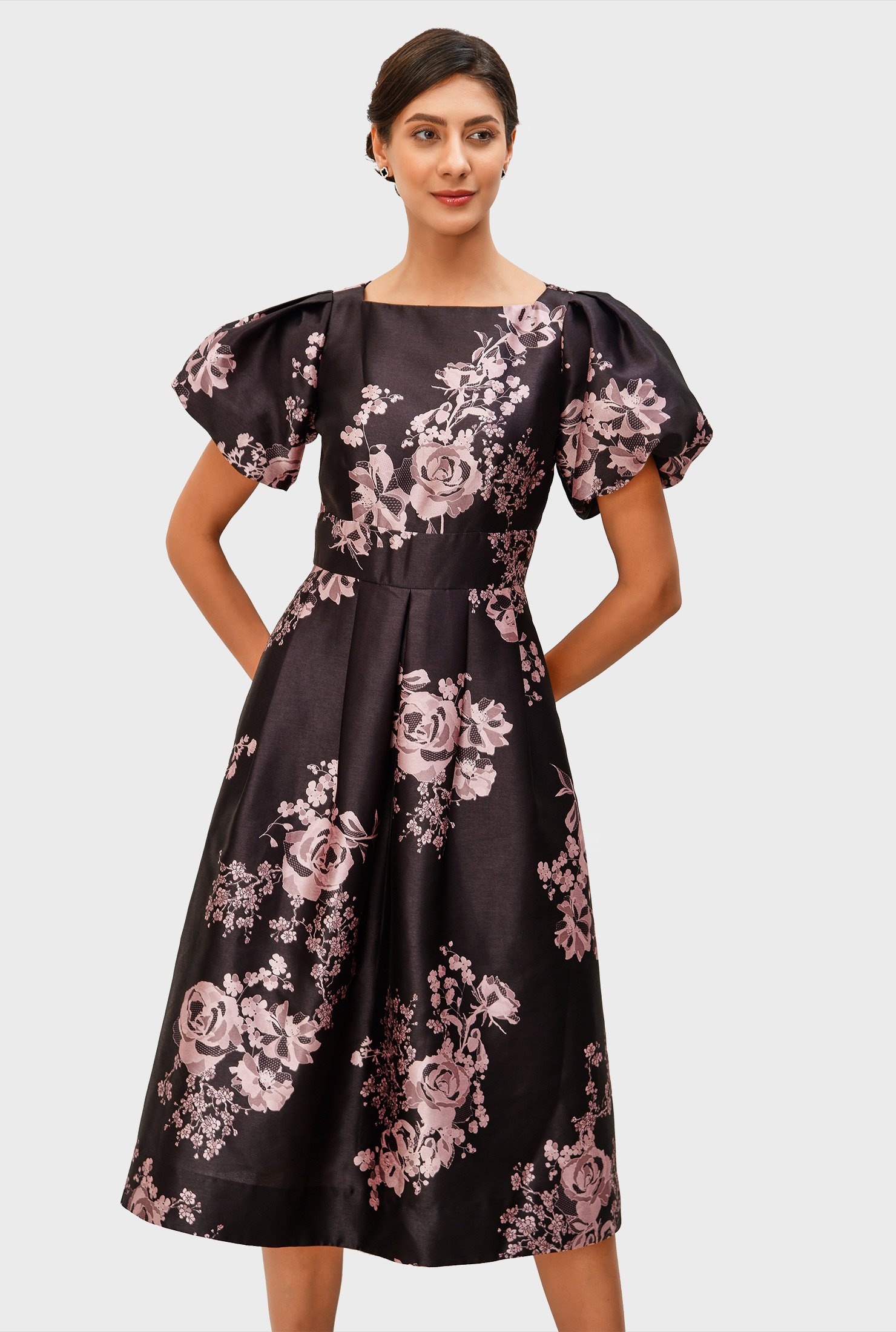 Shop Puff sleeve floral lace print dupioni dress | eShakti