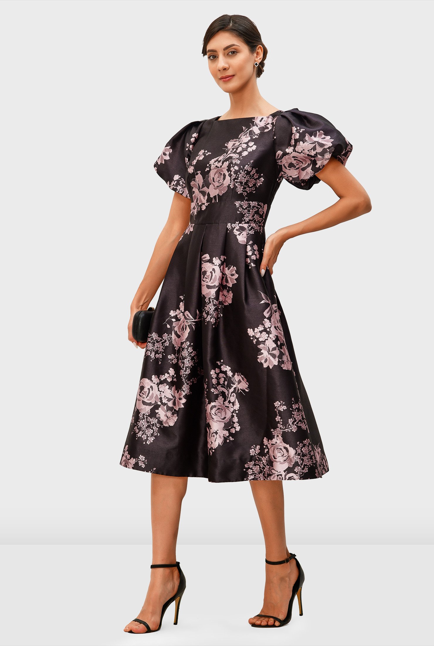 Shop Puff sleeve floral lace print dupioni dress | eShakti