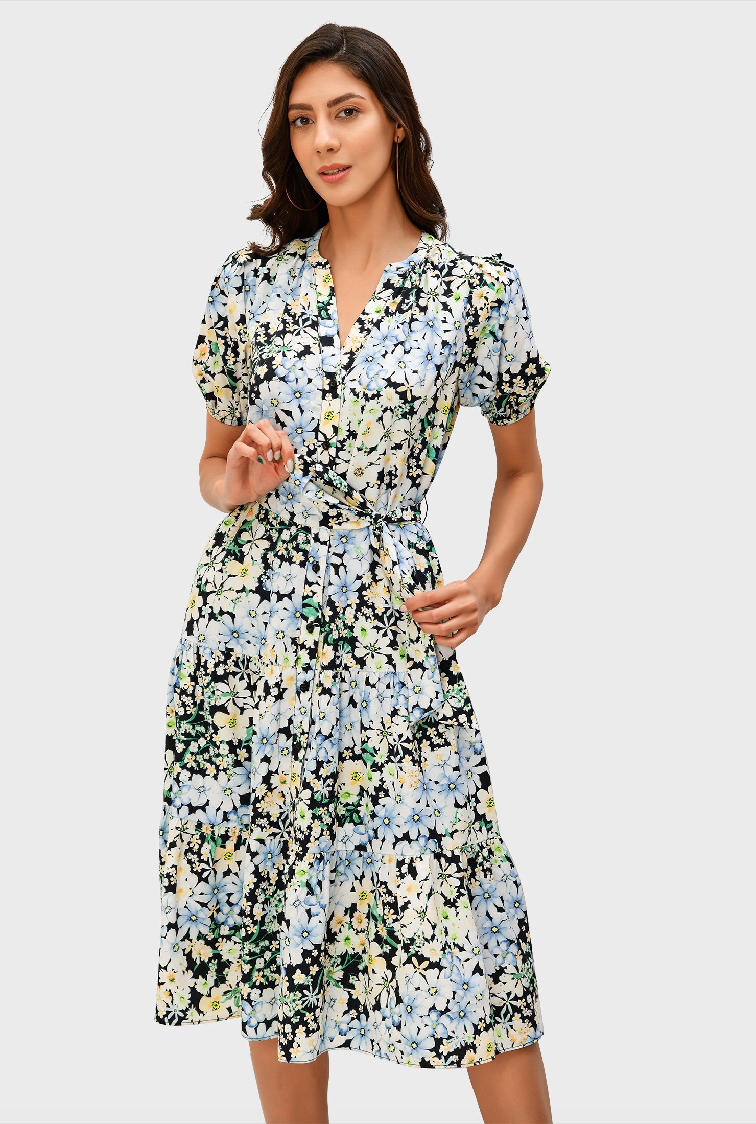 Floral print crepe tiered shirtdress