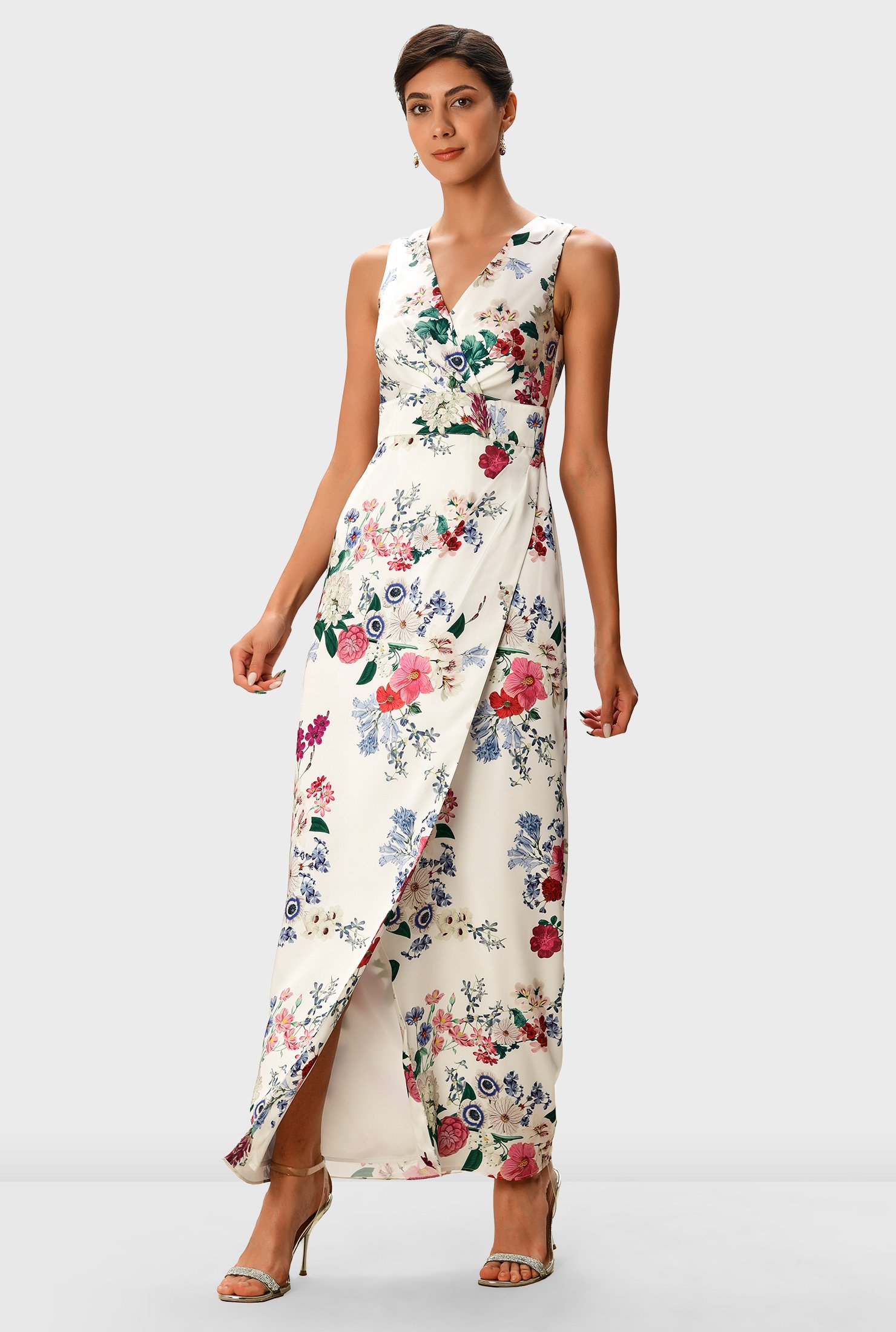Shop Floral print satin faux wrap dress | eShakti