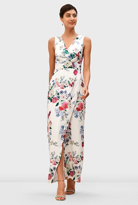 Floral print satin faux wrap dress