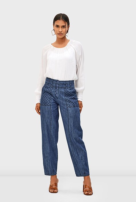 Shop Button fly high denim cotton eShakti jeans | waist