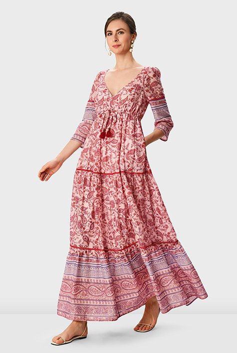 Shop Paisley print cotton voile tiered maxi dress | eShakti