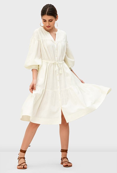 Puff Sleeve Linen-Cotton Shirtdress