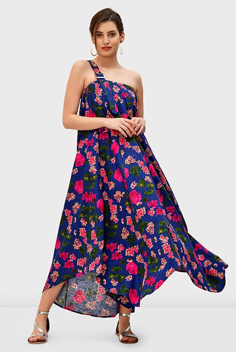 One-shoulder floral print cotton maxi dress
