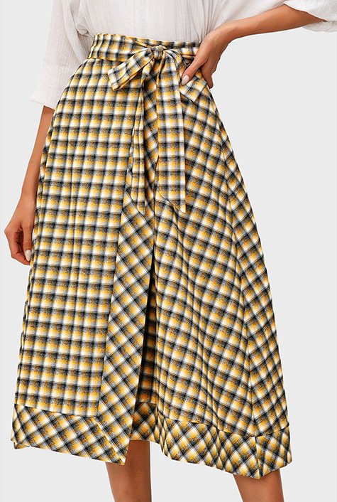 Cotton twill check faux wrap skirt