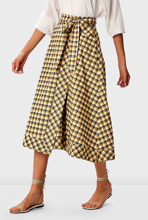 Cotton twill check faux wrap skirt