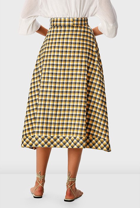 Cotton twill check faux wrap skirt