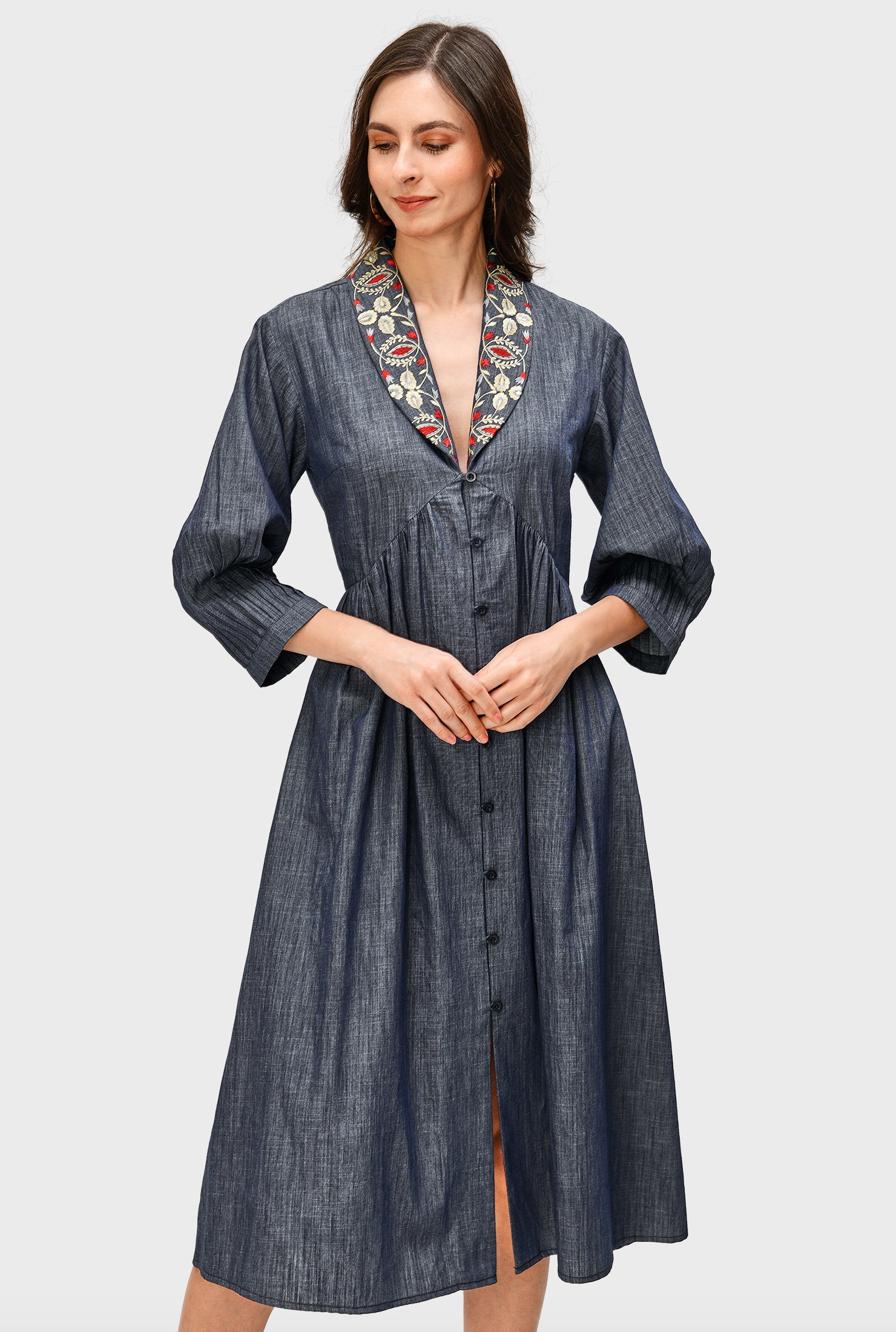 Shop Floral Embellished Cotton Chambray Empire Shirtdress Eshakti