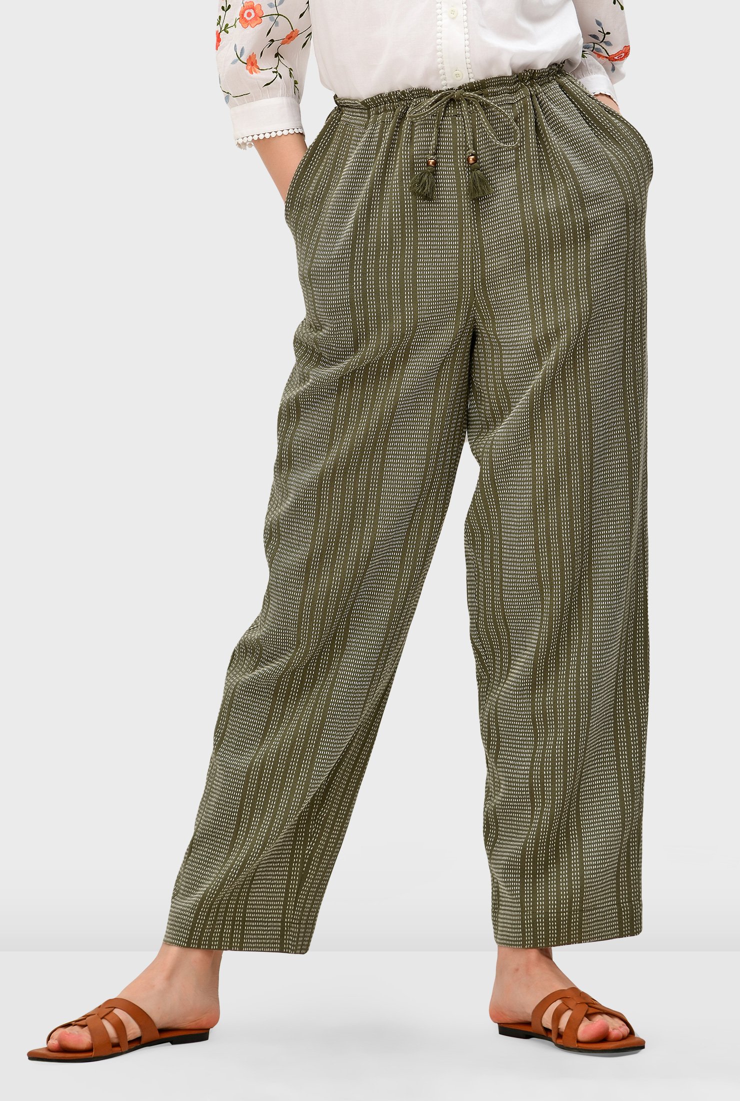 Shop Stripe cotton dobby drawstring pants | eShakti