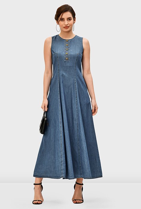 Princess seamed cotton denim A-line dress