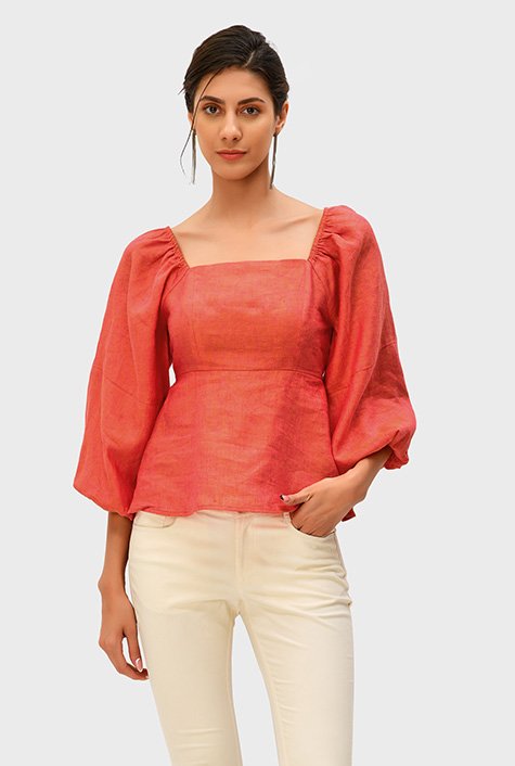 Shop Puff sleeve linen peplum top | eShakti
