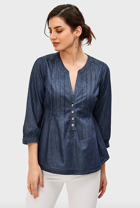 Shop Pintuck cotton denim peplum shirt | eShakti