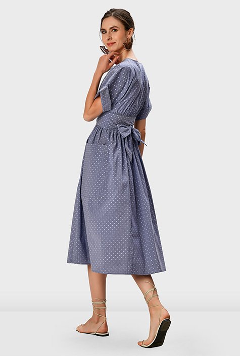 Shop Obi belt dot cotton blend surplice dress | eShakti