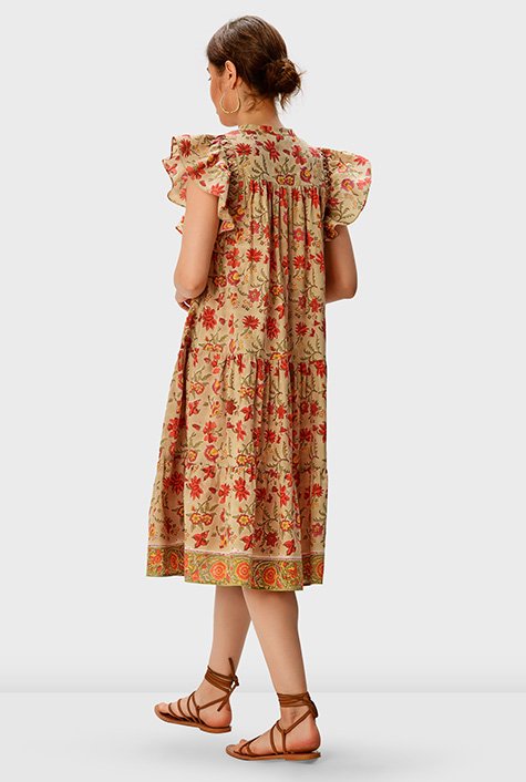 Deep V Neck HandBlock Print Cotton Floral Dress Women Summer Midi Dress