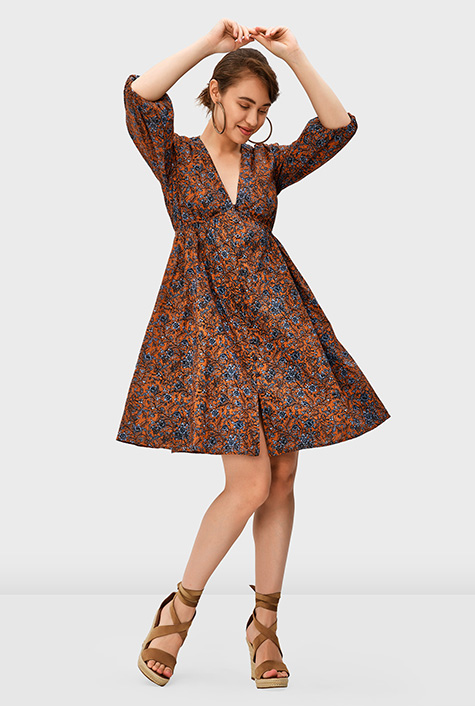 Shop Tassel-tie back floral print cotton empire dress eShakti