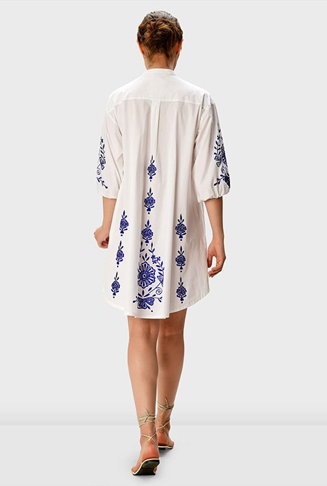 Shop Floral embroidery cotton poplin shift dress | eShakti